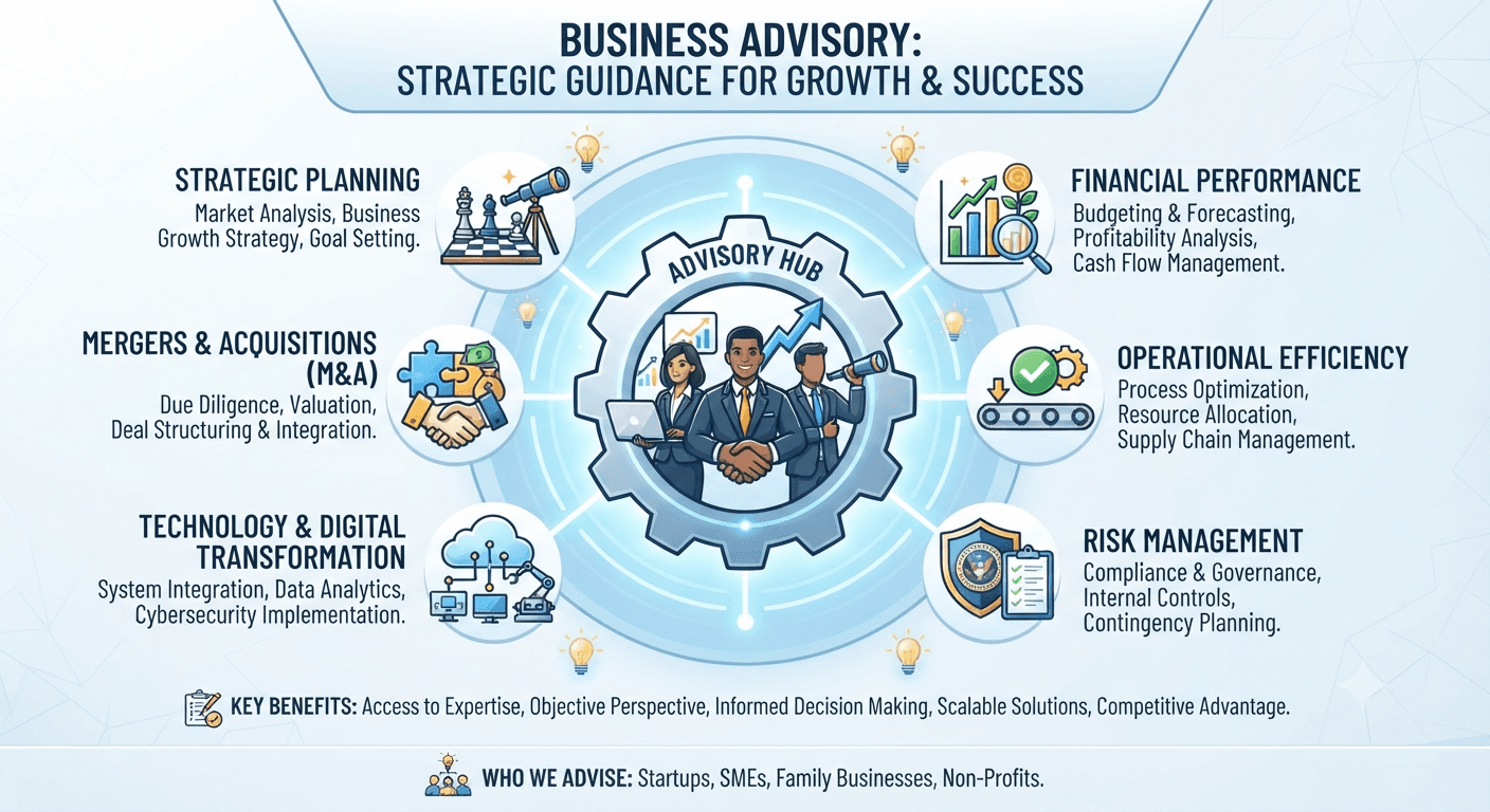 Business advisory service areas infographic - strategic planning, financial performance, operations, M&A, risk, and technology