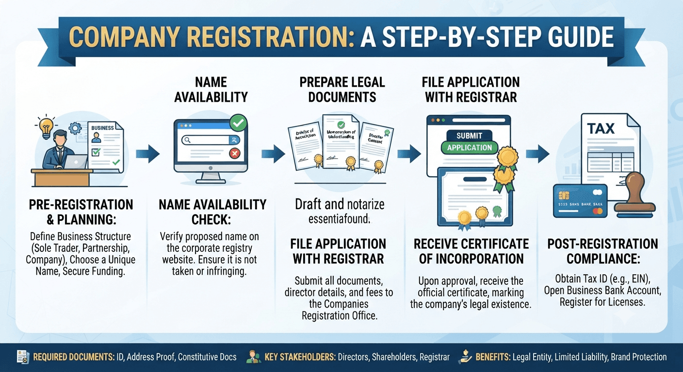 Company registration process infographic - from pre-registration planning to post-registration compliance