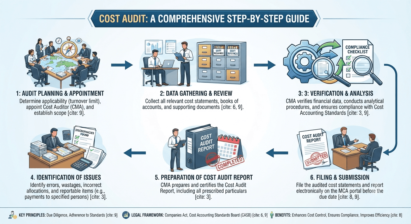 Cost audit process infographic - from appointment of a Cost Accountant to filing the audit report