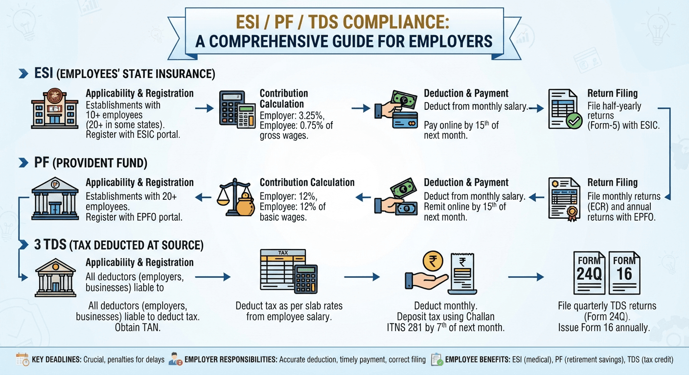 ESI, PF, and TDS compliance infographic - applicability, contribution rates, deduction, payment, and return filing for employers