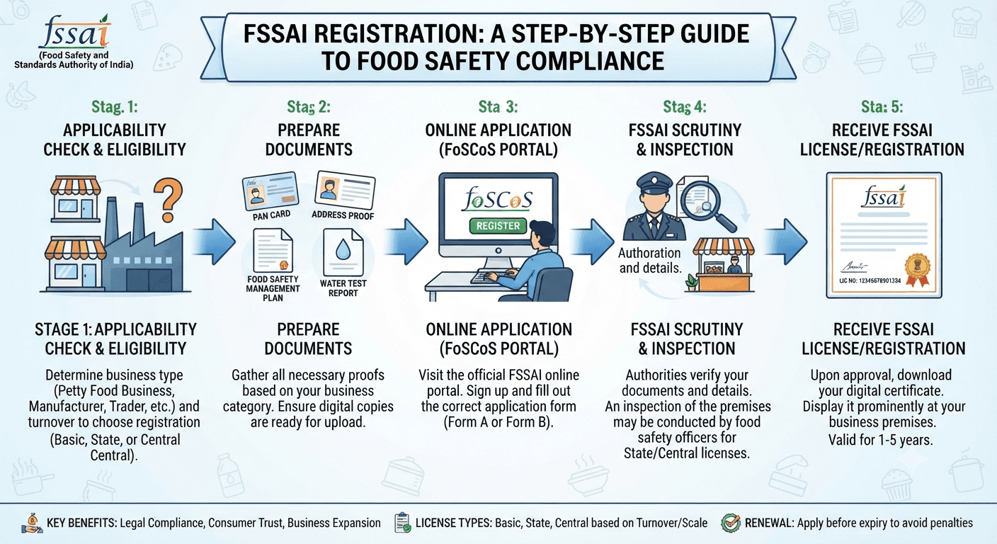 FSSAI registration process infographic - from applicability check to receiving your food safety license
