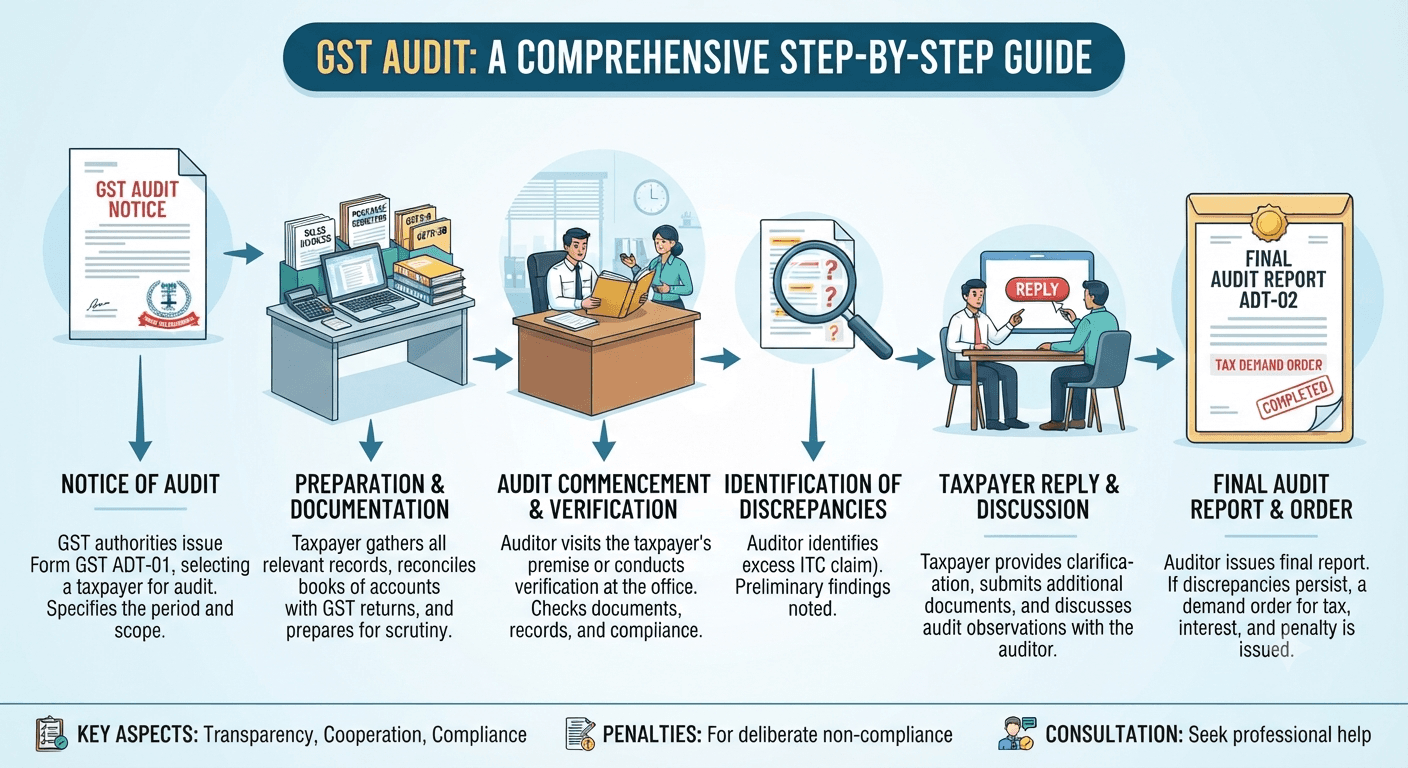 GST audit process infographic - from notice of audit to the final audit report and order