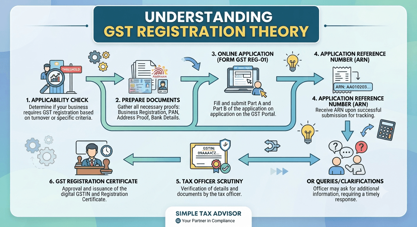 Understanding GST Registration Theory - a 6-step process flow from applicability check to GST registration certificate