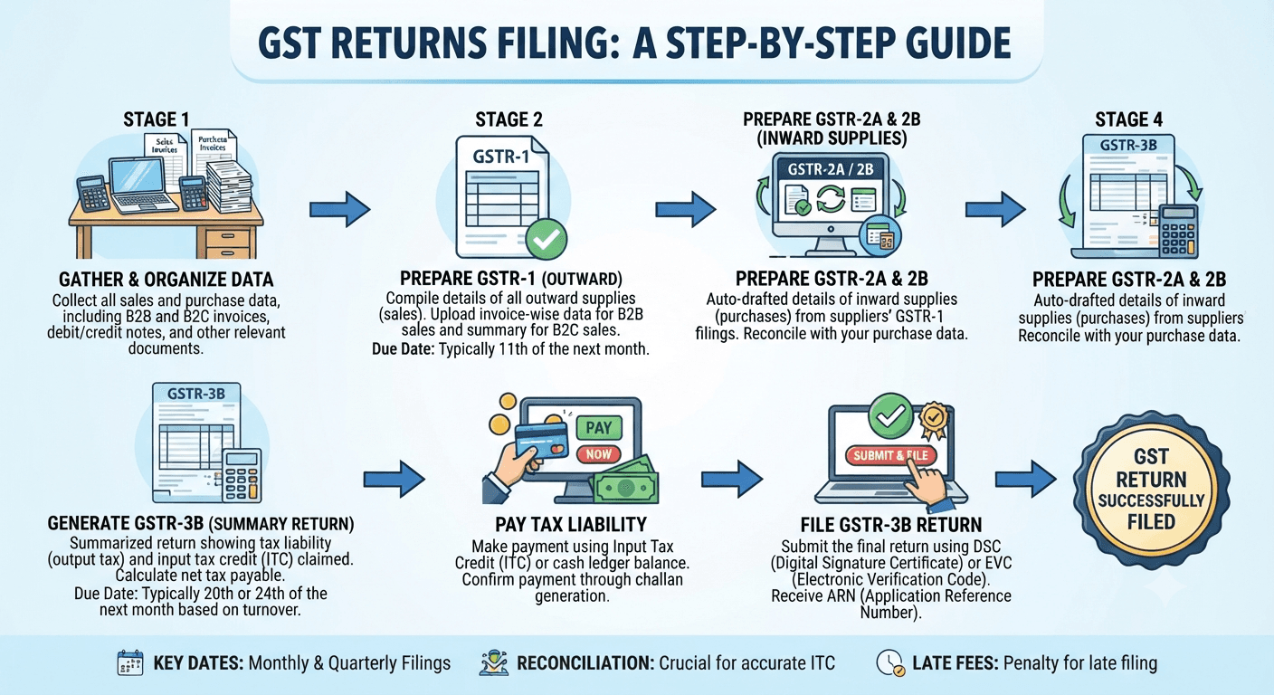 GST returns filing process infographic - from gathering data to filing GSTR-3B successfully
