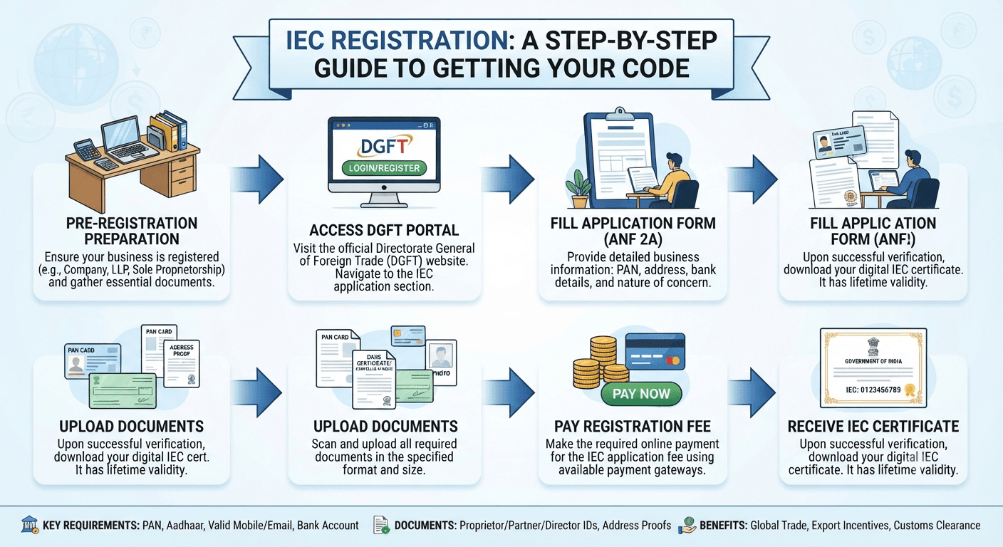 IEC registration process infographic - from DGFT portal access to receiving your Import Export Code certificate