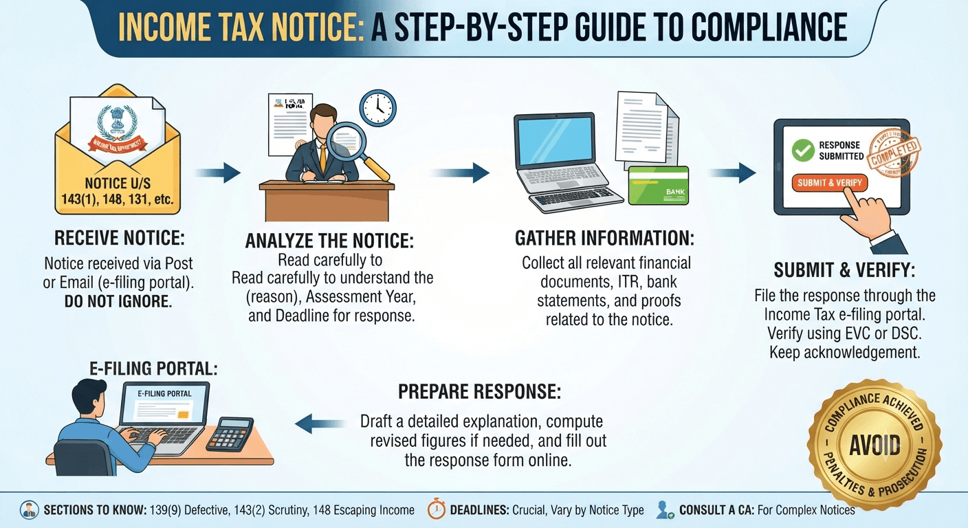 Income tax notice response process infographic - from receiving the notice to submitting your verified response