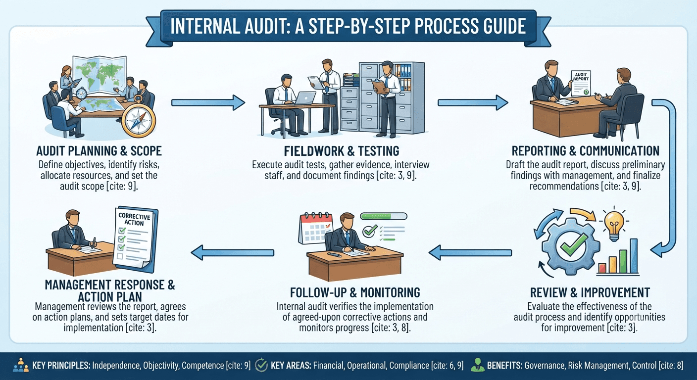 Internal audit process infographic - from planning and fieldwork to follow-up and continuous improvement