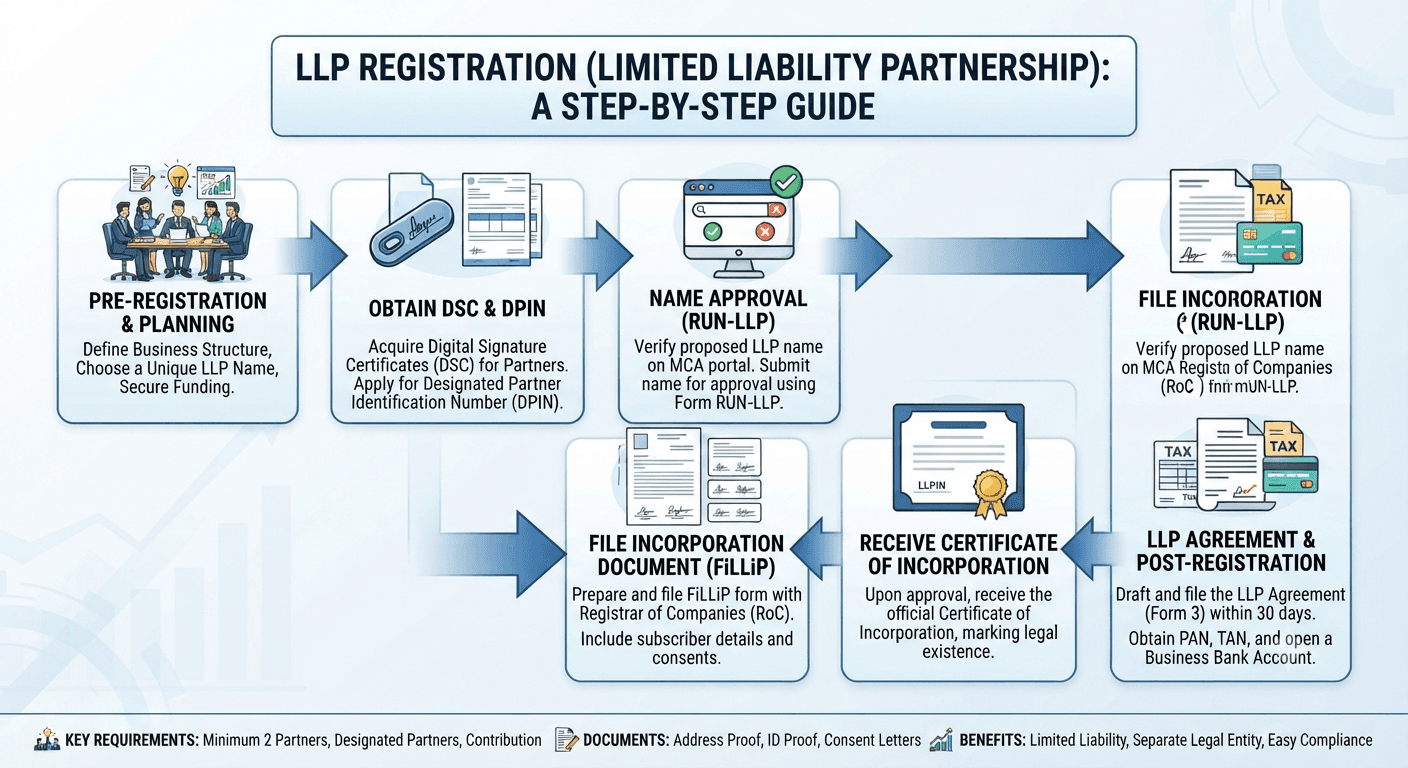 LLP registration process infographic - from name approval to receiving the certificate of incorporation