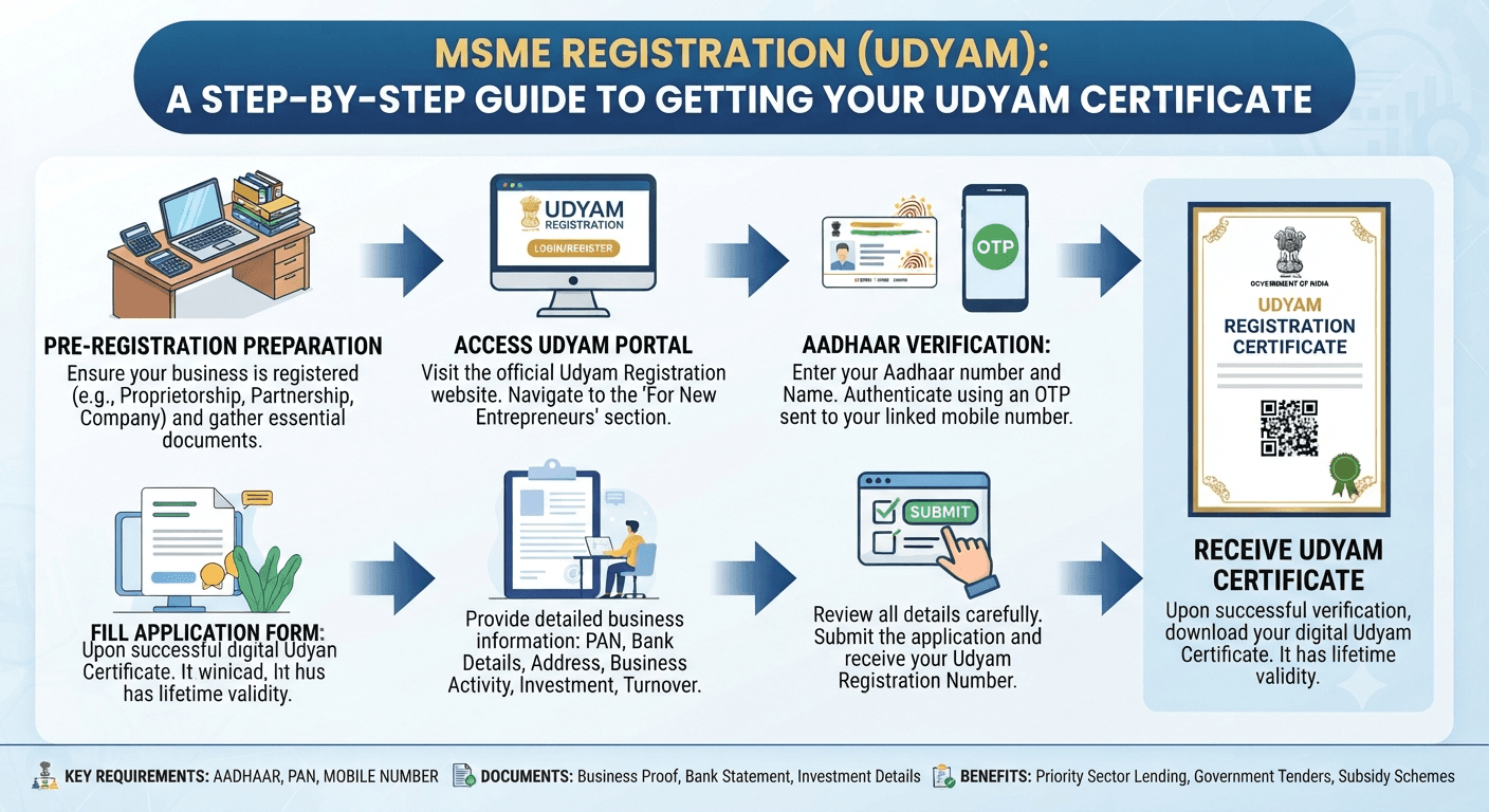 MSME Udyam registration process infographic - from Aadhaar verification to receiving your Udyam certificate