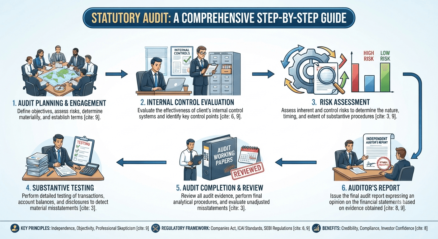 Statutory audit process infographic - from planning and risk assessment to the final auditor's report