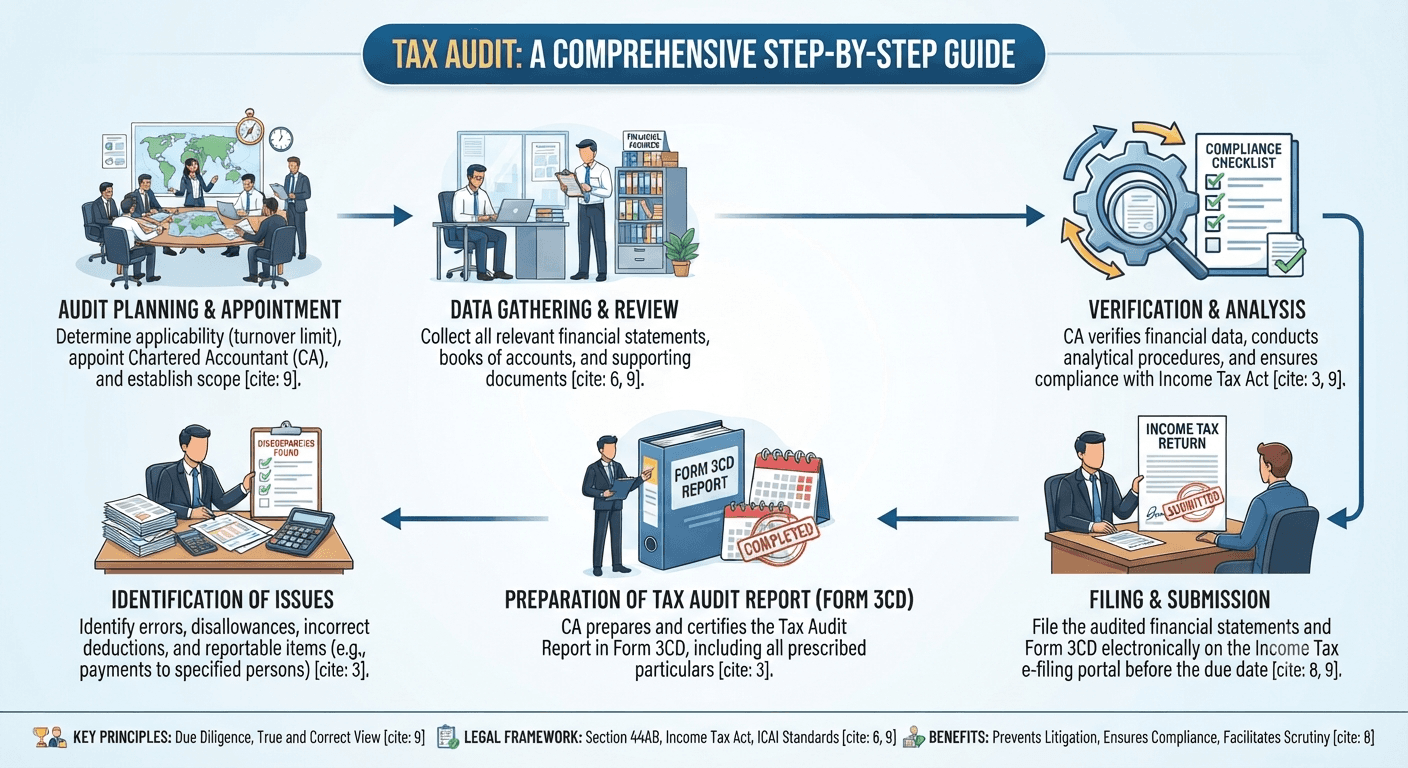 Tax audit process infographic - from appointment of a Chartered Accountant to filing Form 3CD