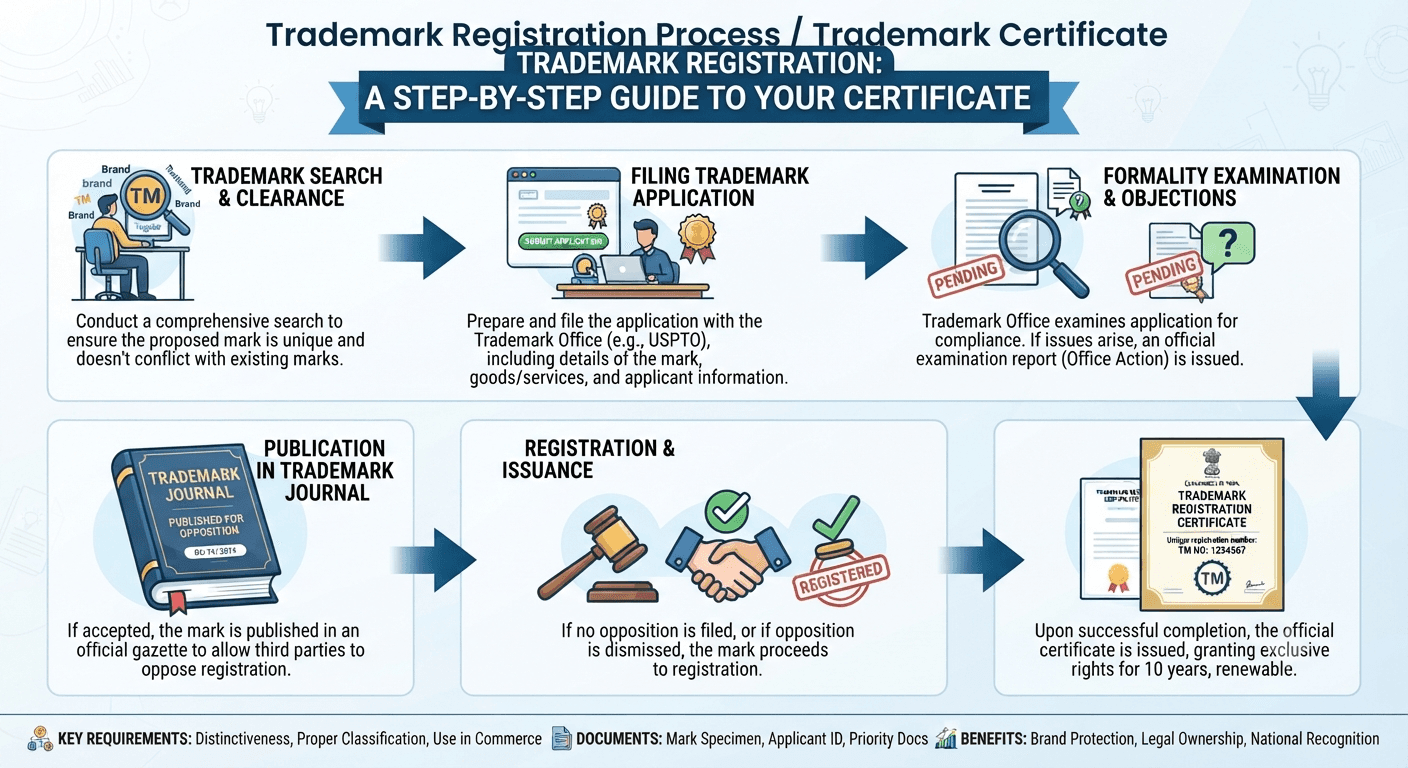 Trademark registration process infographic - from trademark search to receiving your registration certificate