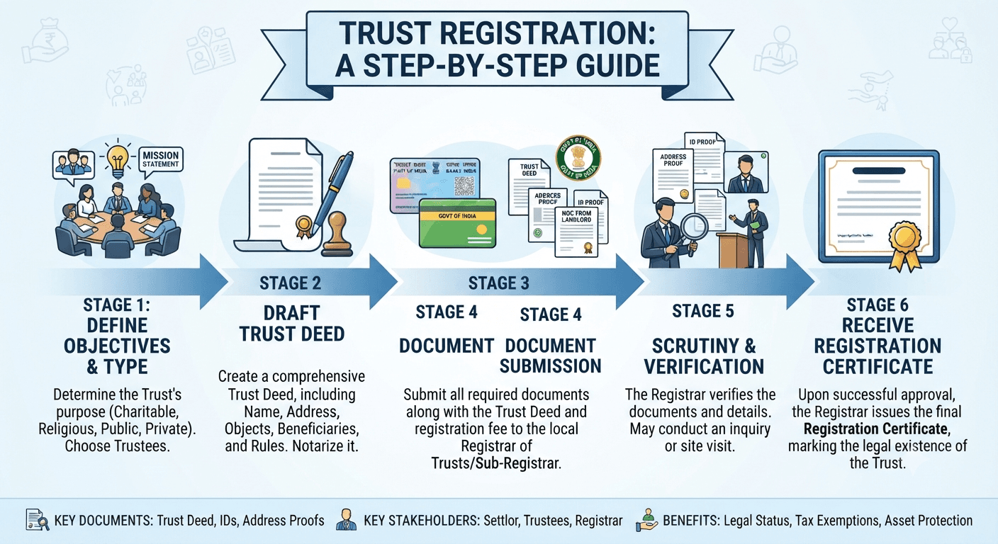 Trust registration process infographic - from defining objectives to receiving the registration certificate