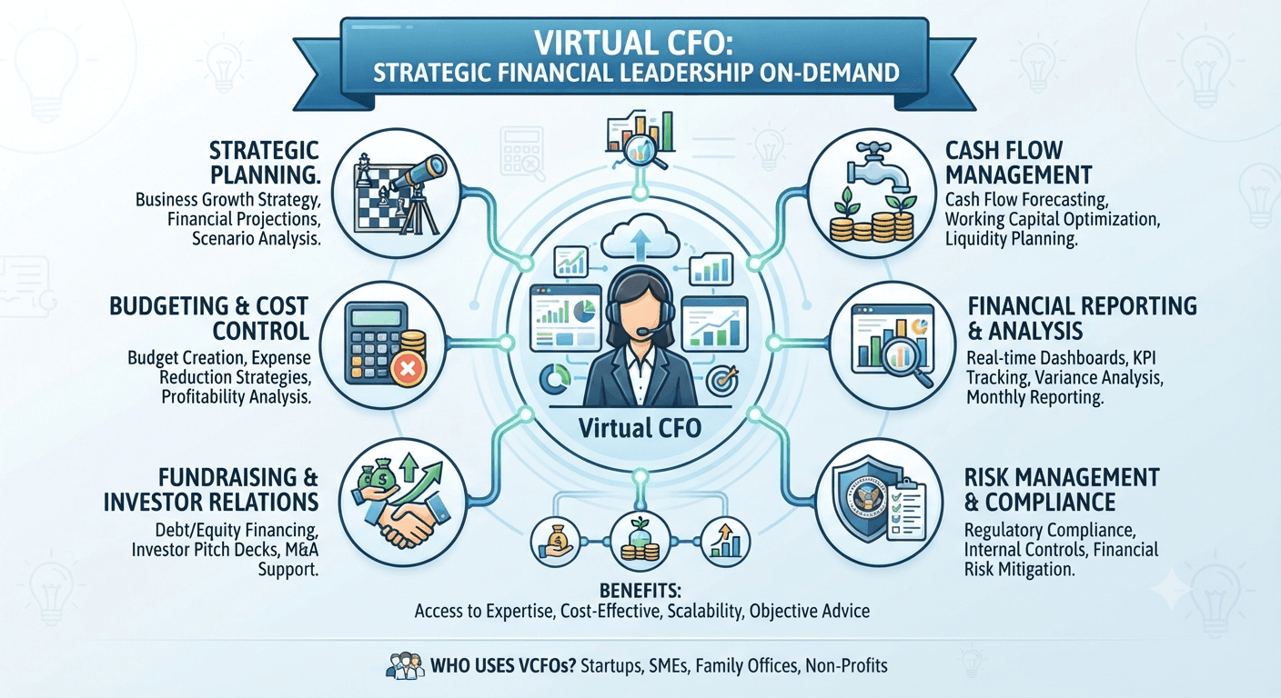 Virtual CFO service areas infographic - strategic planning, cash flow, budgeting, reporting, fundraising, and risk management