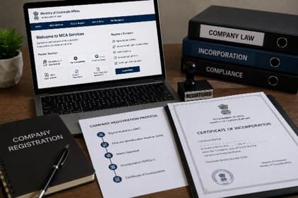 Company registration process, MCA portal and incorporation certificate on a desk