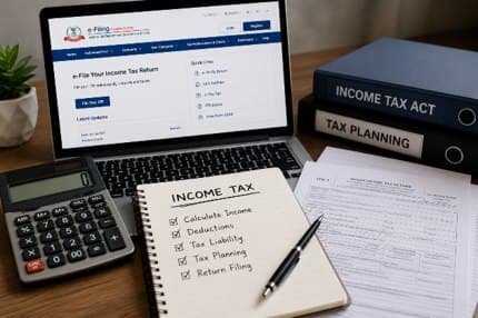 Income tax e-filing, ITR forms and tax planning documents on a desk
