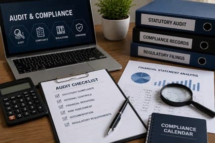 Audit and compliance checklist, statutory audit binders and financial statement analysis on a desk