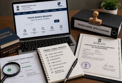 Trademark search, application process and certificate of registration on a desk